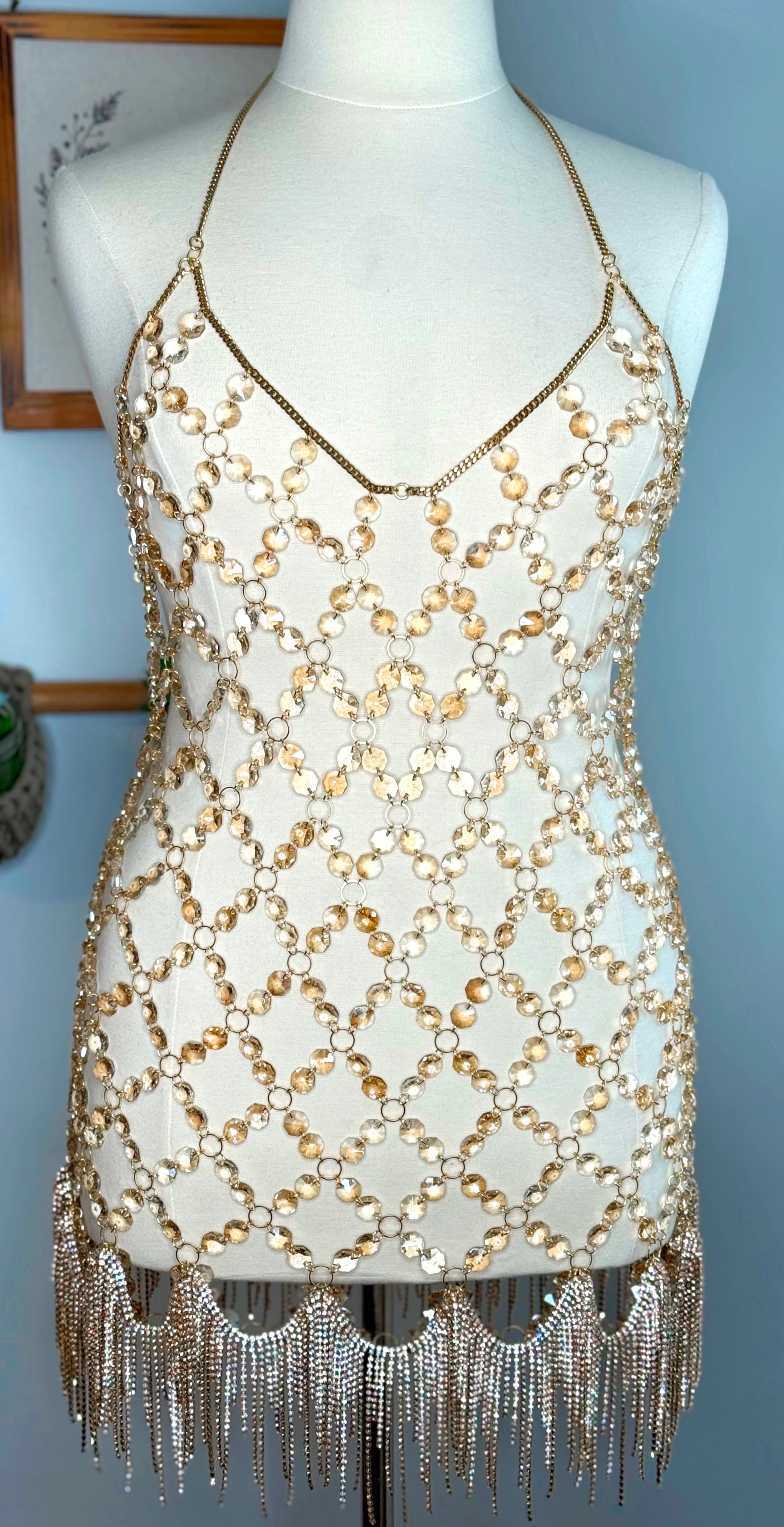 green emerald velvet dress SASHAY Handmade Gold Chain Beaded body chain main image 0